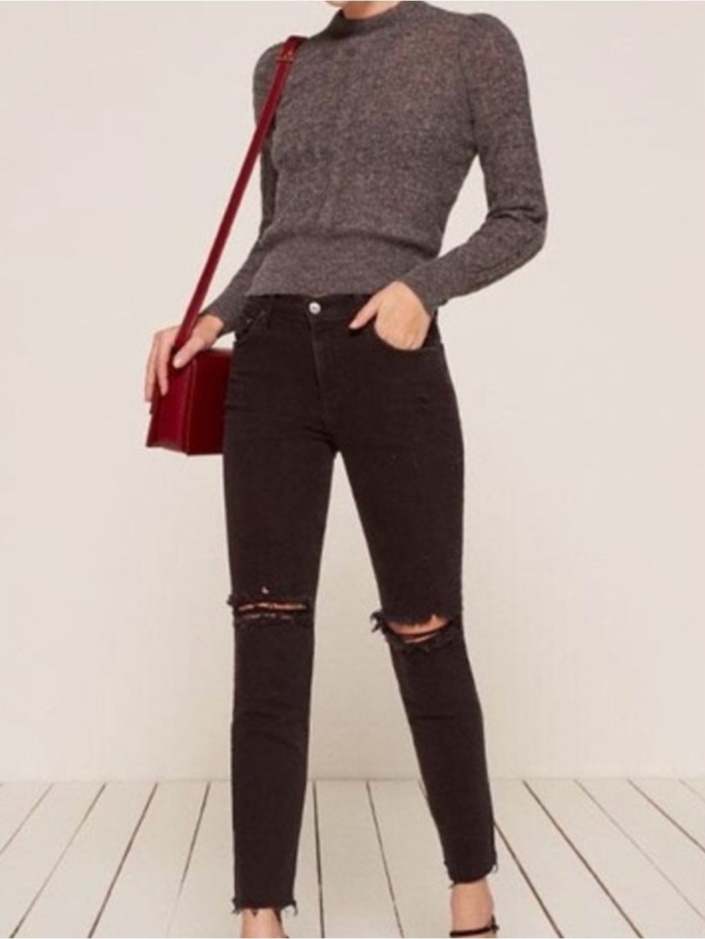 Reformation Camille Skinny Jeans in Black High Rise Distressed Knee Size 26
